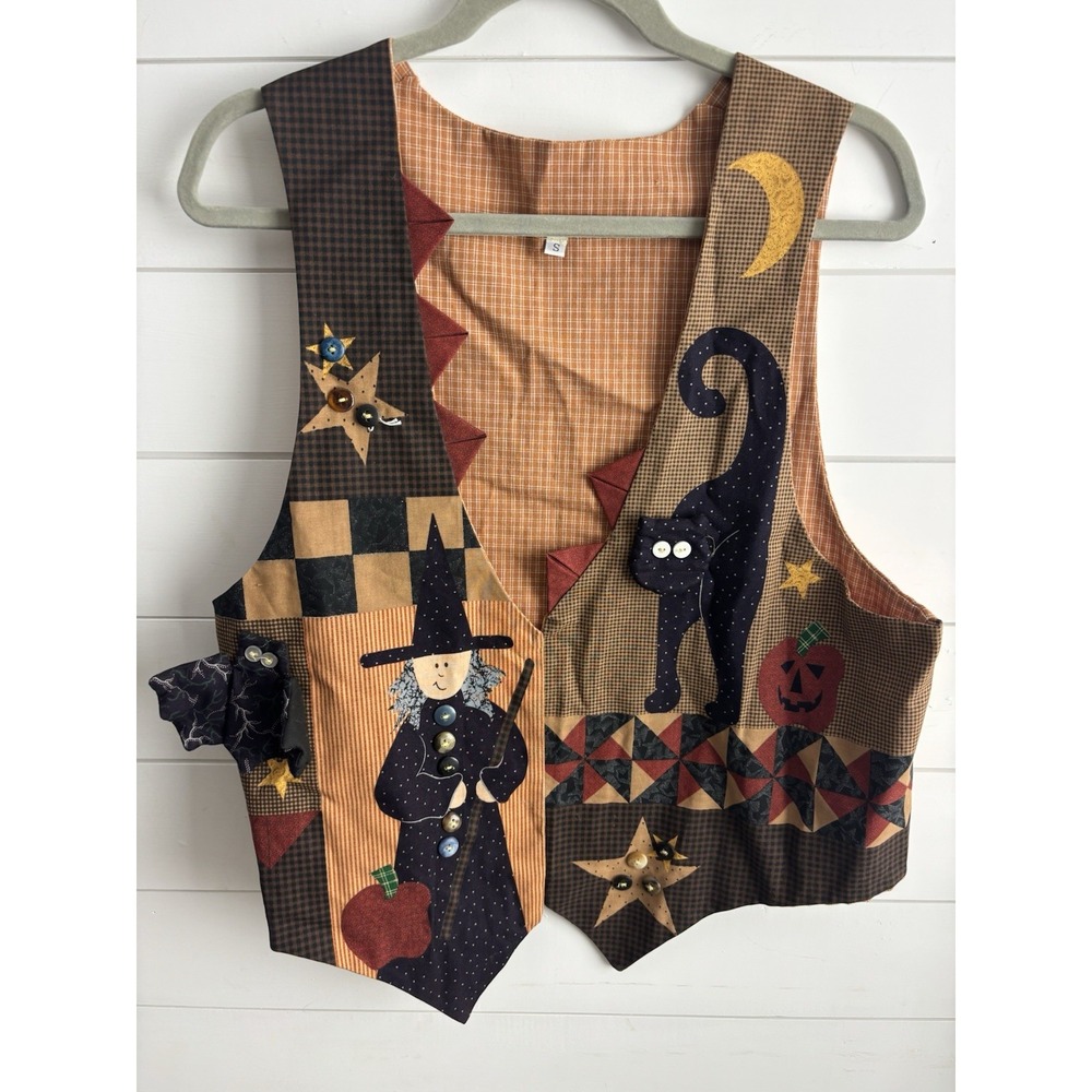 Handmade Vintage Whimsy Halloween Witch Cat Bat Patchwork Vest,Orange Black, m
